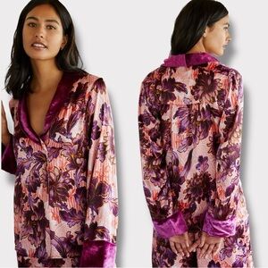 Anthropologie Luxe Pink Purple Floral Button Up Top- Size XS